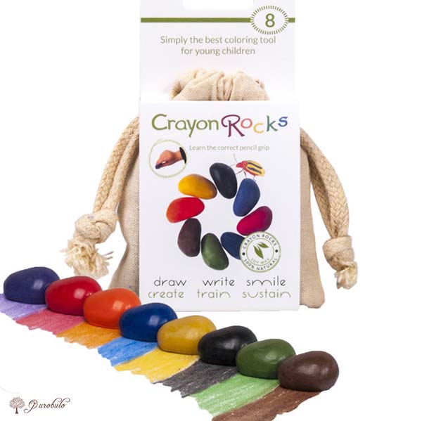 Crayon Rocks Acht (8) krijtjes van sojawas in primaire kleuren in een ecru katoenen zakje